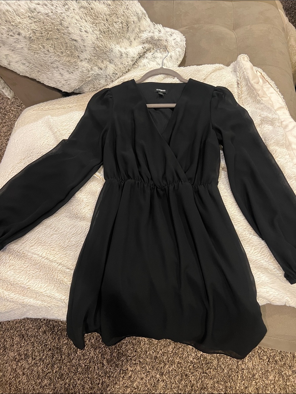 Express Black Long-Sleeve V-Neck Gathered Waist Dress